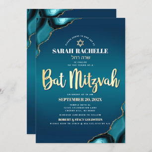 Bat Mitzvah Turquoise Ombre Agate Gold Script Bold Invitation