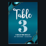 Bat Mitzvah Turquoise Ombre Agate Script Modern Table Number<br><div class="desc">No Bat Mitzvah party is complete without personalised table number cards. Let your daughter be proud, rejoice and celebrate her milestone at her perfectly coordinated party. White calligraphy script, light turquoise blue and white typography, and turquoise blue agate rocks accented with faux gold veins overlay a deep turquoise teal blue...</div>