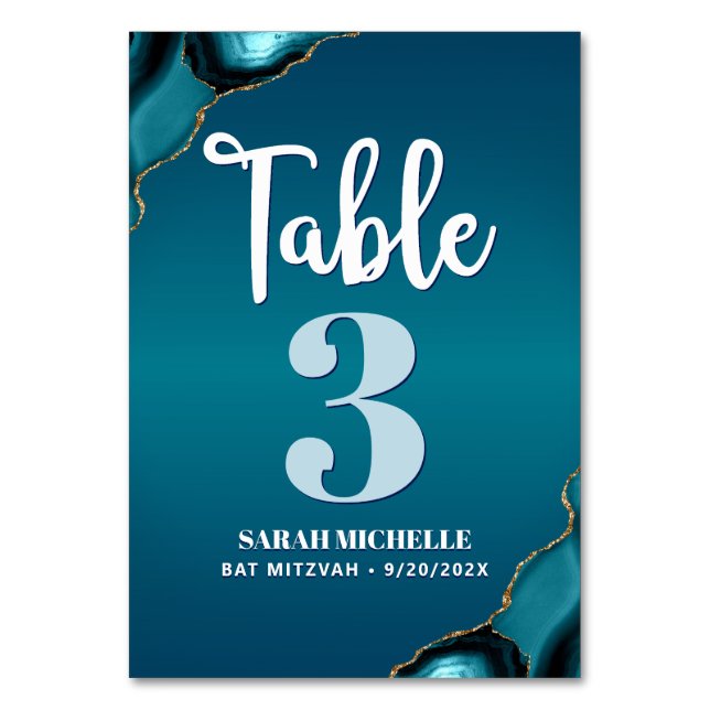 Bat Mitzvah Turquoise Ombre Agate Script Modern Table Number (Front)
