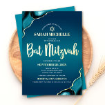 Bat Mitzvah Turquoise Ombre Agate Script Real Gold<br><div class="desc">Be proud, rejoice and showcase this milestone of your favourite Bat Mitzvah! Send out this cool, unique, modern, personalised invitation for an event to remember. Real gold foil script typography, white sans serif typography, and a real gold foil Star of David overlay a deep turquoise teal blue ombre background with...</div>