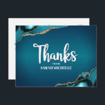 Bat Mitzvah Turquoise Ombre Agate Script Thank You Postcard<br><div class="desc">Make sure your favourite Bat Mitzvah shows his appreciation to all who supported her milestone event! Send out this cool, unique, modern, personalised thank you postcard. White handwritten script and bold sans serif typography overlay a deep teal blue ombre background with turquoise blue agate accented with faux gold veins. A...</div>