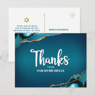 Bat Mitzvah Turquoise Ombre Agate Script Thank You Postcard