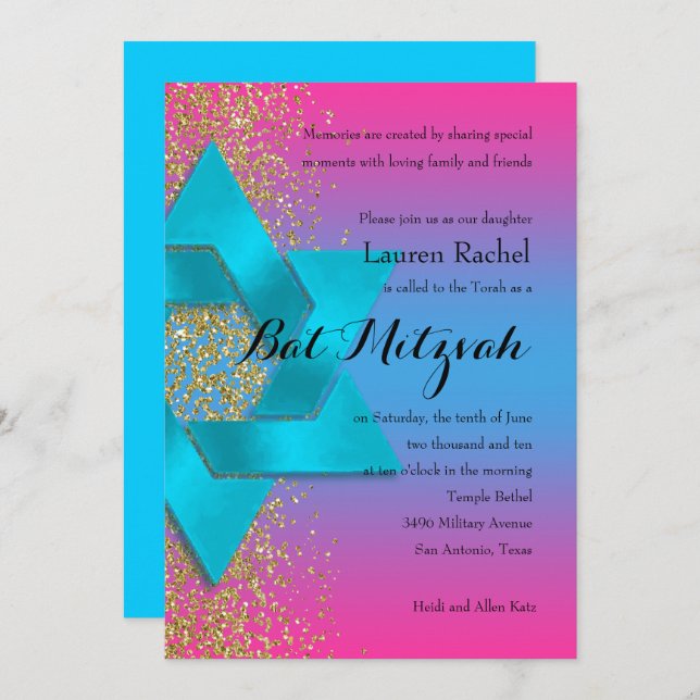 Bat Mitzvah Turquoise Pink Ombre Faux Gold Glitter Invitation (Front/Back)