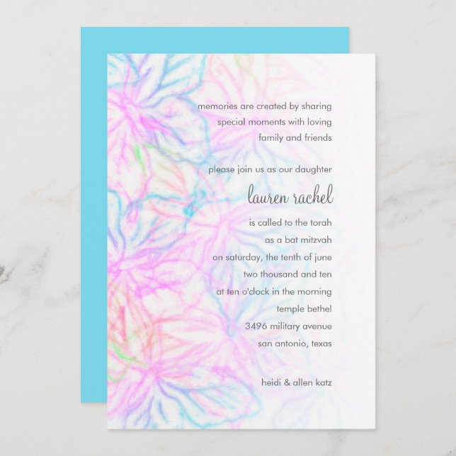 Bat Mitzvah Turquoise Pink Purple Green Butterfly Invitation (Front/Back)