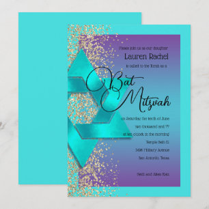 Bat Mitzvah Turquoise Purple Ombre Gold Glitter Invitation