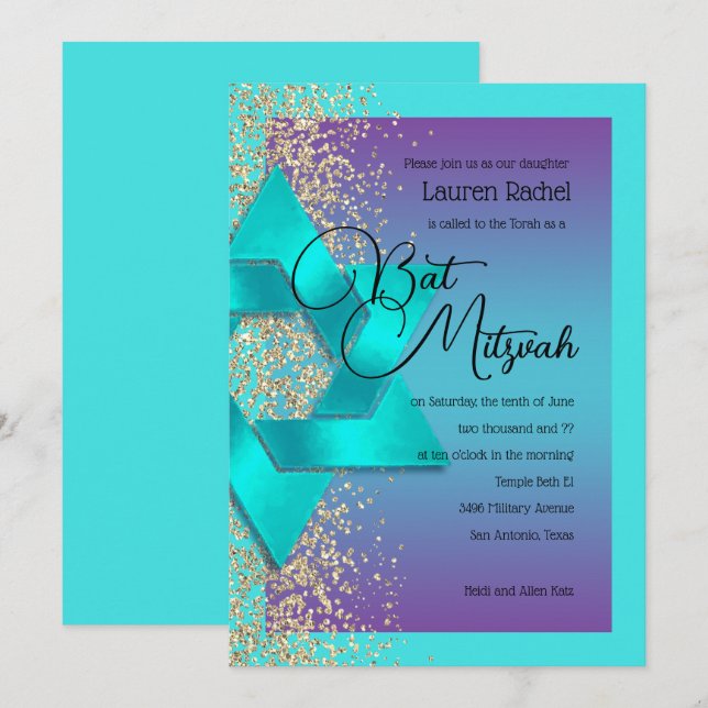 Bat Mitzvah Turquoise Purple Ombre Gold Glitter Invitation (Front/Back)
