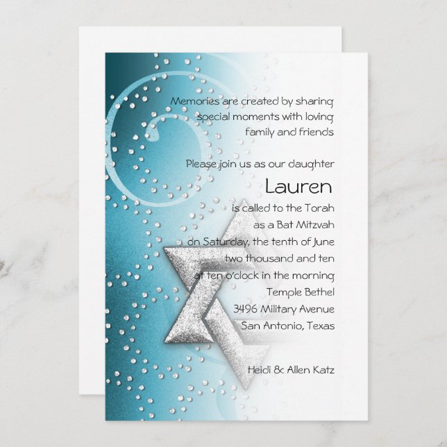Bat Mitzvah Turquoise Shimmer Star of David Invitation (Front/Back)