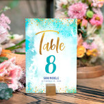 Bat Mitzvah Turquoise Watercolor Girly Gold Script Table Number<br><div class="desc">No Bat Mitzvah party is complete without personalised table number cards. Let your favourite Bat Mitzvah be proud, rejoice and celebrate her milestone at her perfectly coordinated party. Stunning, modern, sparkly gold faux foil handwritten script and tiny dots overlay a turquoise blue watercolor background. Personalise the custom text with the...</div>