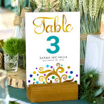 Bat Mitzvah Turquoise White Gold Foil Tree of Life Table Number<br><div class="desc">No Bat Mitzvah party is complete without personalised table number cards. Let your favourite Bat Mitzvah be proud, rejoice and celebrate her milestone at her perfectly coordinated party. This sophisticated, chic, stunning, abstract graphic faux gold foil tree with sparkly purple, turquoise, teal and blue Star of David and dot “leaves”...</div>