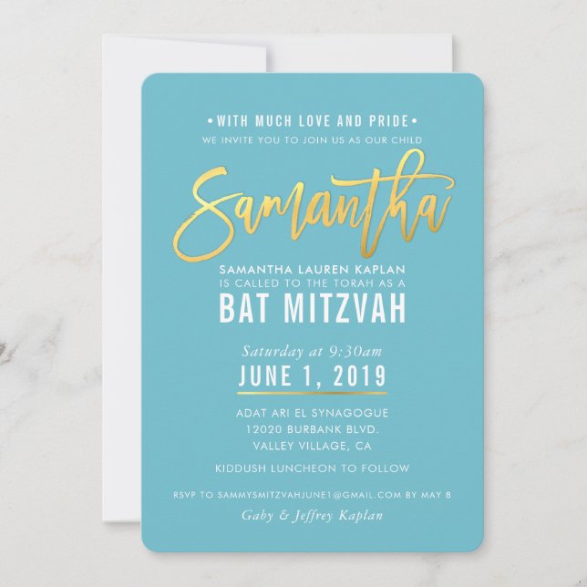 BAT MITZVAH turquoise white gold script SAMANTHA Invitation (Front)