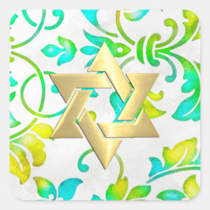 Bat Mitzvah Turquoise Yellow and Green Damask Square Sticker