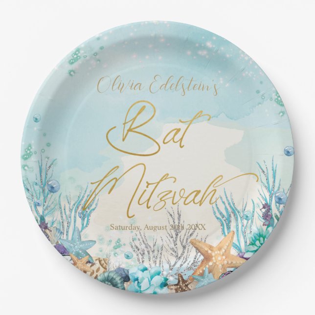 Bat Mitzvah Under the Sea Beach 12th 13th Birthday Paper Plate (Front)