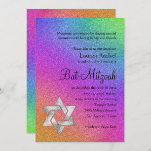 Bat Mitzvah Very Colourful Rainbow with Silver Sta Invitation