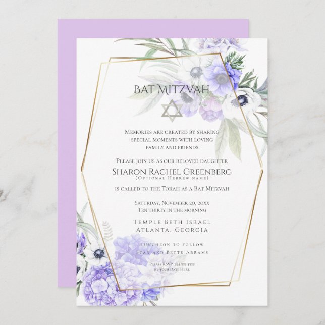 BAT MITZVAH | Violet Anemone Floral Verse 3 Invitation (Front/Back)