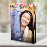 Bat Mitzvah Watercolor Floral Chic Script Keepsake Photo Block<br><div class="desc">Be proud, rejoice and showcase this milestone of your favourite Bat Mitzvah with this sophisticated, personalised keepsake custom photo block! A chic, stunning, pink and peach floral watercolor with white script typography and modern sans serif type overlay the photo of your choice. Personalise the custom text with your Bat Mitzvah’s...</div>