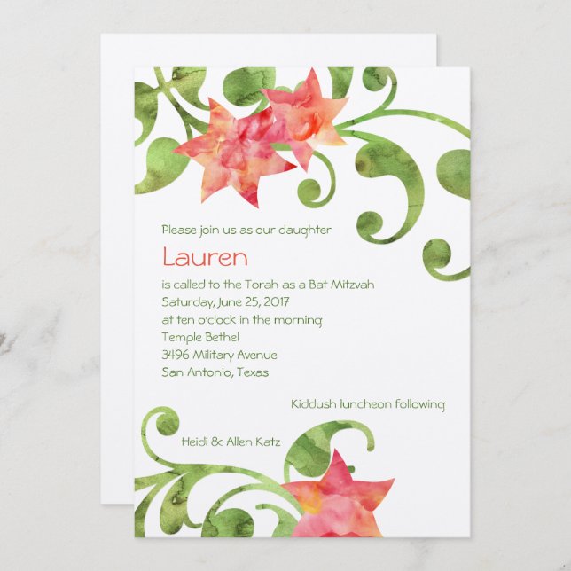 Bat Mitzvah Watercolor Floral Design Invitation (Front/Back)