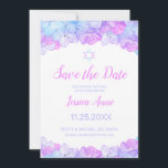 Bat Mitzvah Watercolor Floral Pink Save the Date<br><div class="desc">Shades of pink, lavender and aqua blue hydrangea flowers and a Star of David decorate this elegant watercolor Bat Mitzvah Save the Date card. This design features a floral border at the top and bottom. Your celebration details may be personalised in a modern script typography in pink and lavender. The...</div>