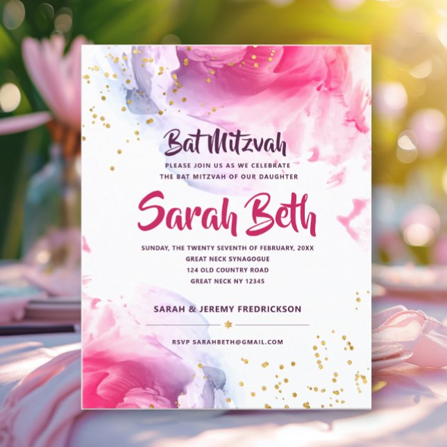 Bat Mitzvah Watercolor Glitter Budget Invitation (Creator Uploaded)