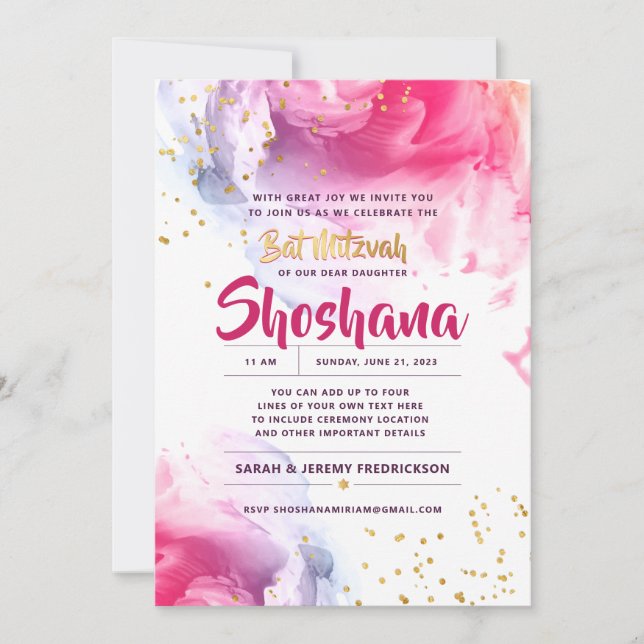 Bat Mitzvah Watercolor Glitter Pink & Gold Invitation (Front)