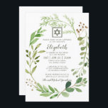 Bat Mitzvah Watercolor Green Foliage Star of David Invitation<br><div class="desc">Design is composed of delicate watercolor green greenery leaf foliage with a simple star of David on a simple white background. . 

Available here:
http://www.zazzle.com/store/selectpartysupplies</div>