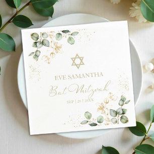 Bat Mitzvah Watercolor Napkins Eucalyptus Gilded