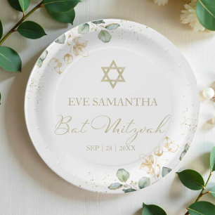 Bat Mitzvah Watercolor Paper Plates Eucalyptus