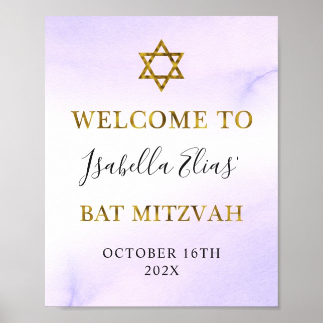 Bat Mitzvah Watercolor Pastel Purple Gold Welcome Poster (Front)