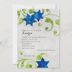 Bat Mitzvah Watercolor Star Floral Design Blue Invitation