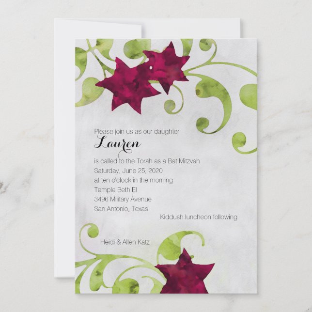 Bat Mitzvah Watercolor Star Floral Design Red Invitation (Front)