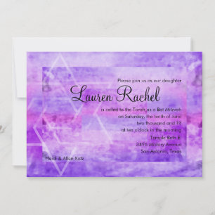 Bat Mitzvah Watercolor Streak Purple Star of David Invitation