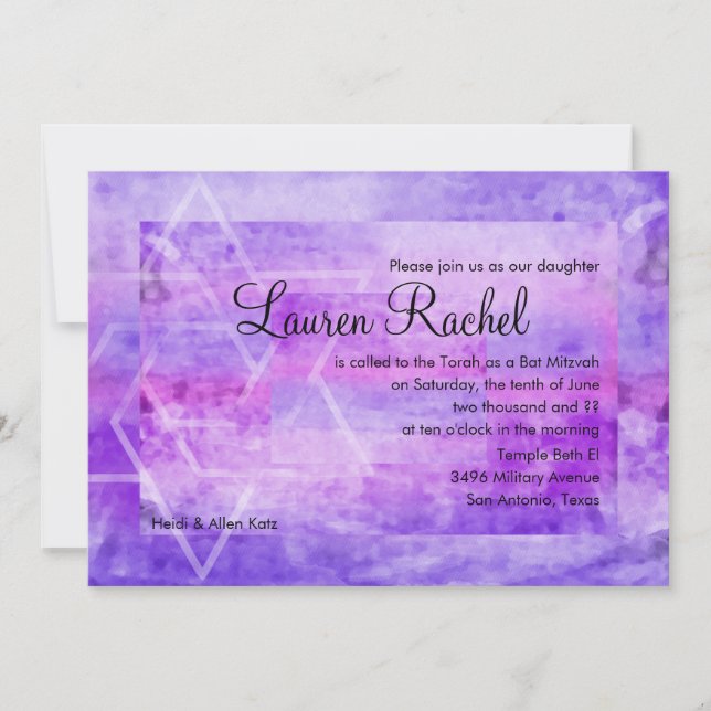 Bat Mitzvah Watercolor Streak Purple Star of David Invitation (Front)