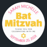 Bat Mitzvah Yellow Bold Hot Pink Typography Cool Classic Round Sticker<br><div class="desc">Be proud, rejoice and showcase this milestone of your favourite Bat Mitzvah! Use this bold pop, personalised sticker to add to her special day. Fun, groovy, bold hot pink, yellow and dark grey modern sans serif typography and Star of David overlay a clean white background. Personalise the custom text with...</div>
