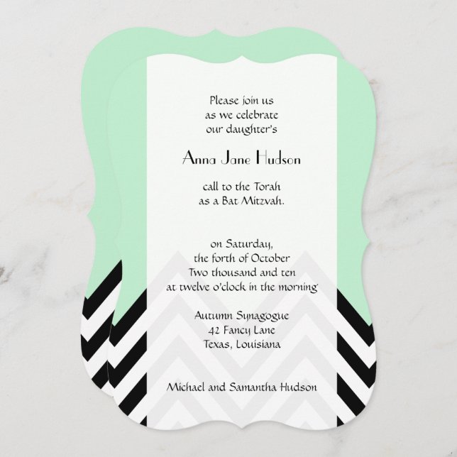 Bat Mitzvah - Zigzag, Chevron - Mint Green, Black Invitation (Front/Back)
