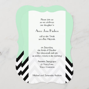 Bat Mitzvah - Zigzag, Chevron - Mint Green, Black Invitation