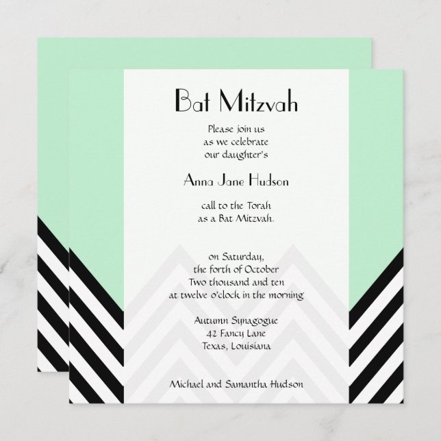 Bat Mitzvah - Zigzag, Chevron - Mint Green, Black Invitation (Front/Back)