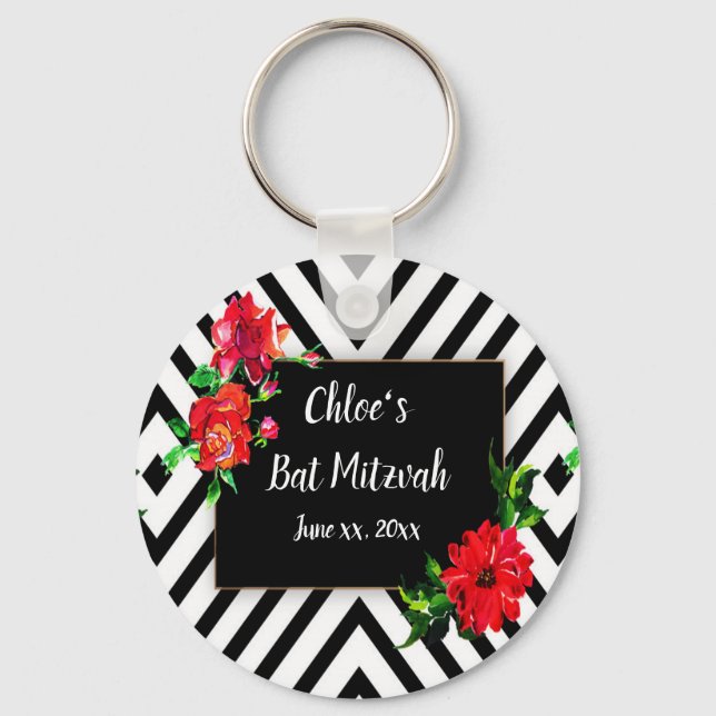 Bat Mizvah, Modern Stripes, Red Roses, Favour Key Ring (Front)