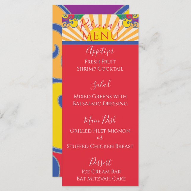 Bat or Bar Mitzvah Elegant Sparkly Swirl Food Menu (Front/Back)