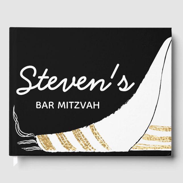 Bat or Bar Mitzvah Party Black Gold Guest Book (Front)