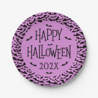 Bat pattern purple black Happy Halloween year Paper Plate