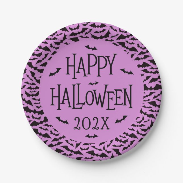 Bat pattern purple black Happy Halloween year Paper Plate (Front)