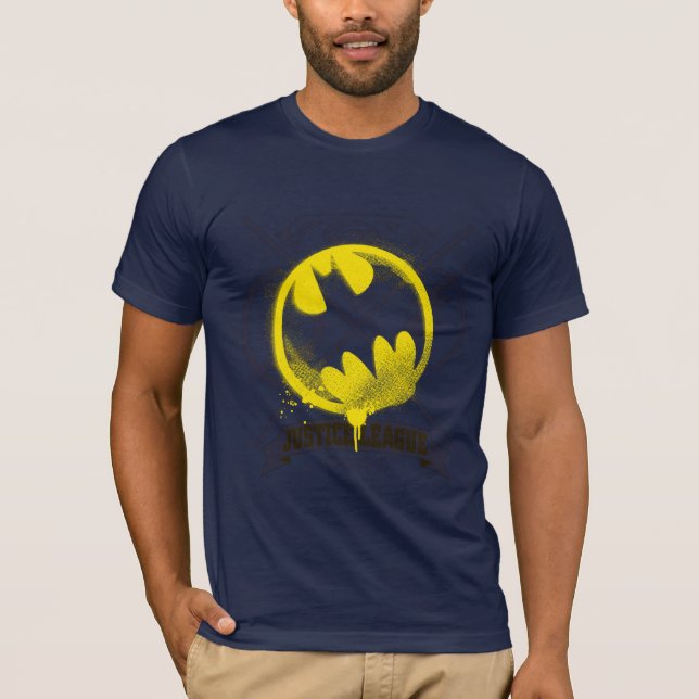 Bat Symbol Tagged Over Justice League T-Shirt (Front)