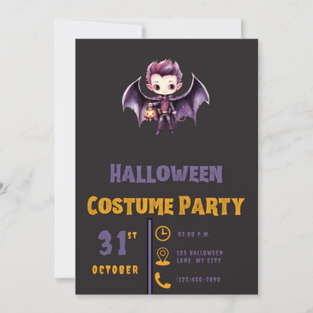 Bat Vampire Pumpkin Cute Modern Black Halloween Invitation (Front)