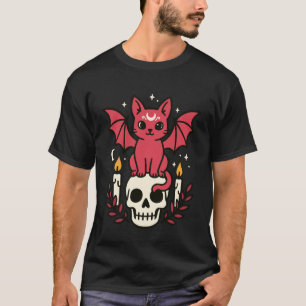 Bat Wing Cat on Skull Cute Witchy Halloween Vibes T-Shirt