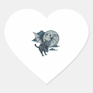 Bat-Winged Cat Scary Halloween Full Moon  Heart Sticker