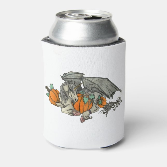 Bat winged Unicorn protecting a pumpkin patch Can Cooler (Can Back)