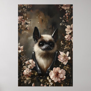 Bat With Flowers Print, Woodland Bat Wall Print