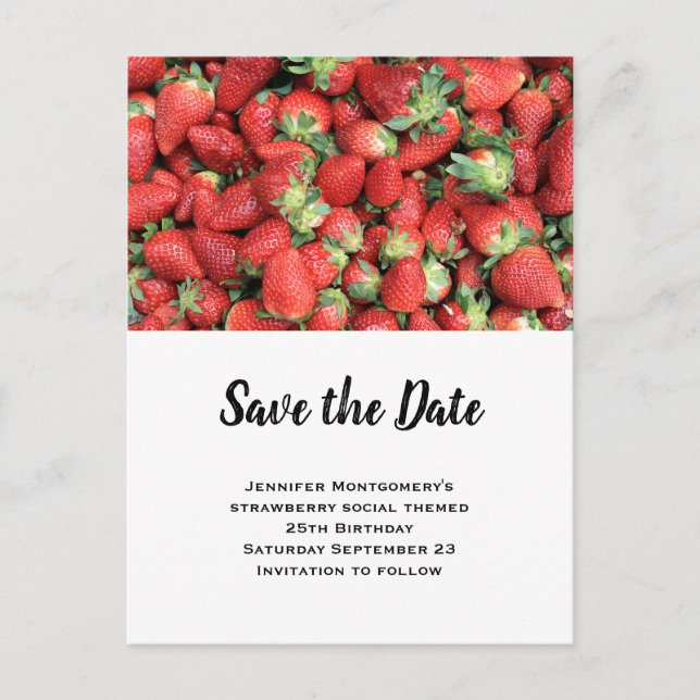 Batch of Red Juicy Strawberries Save the Date Invitation Postcard (Front)