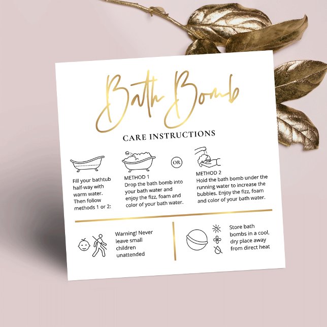 Bath Bomb Care Instructions Chic White & Gold Logo Square Business Card (Bath Bombs care instructions cards with care icons, gold effects and step-by-step instructions)