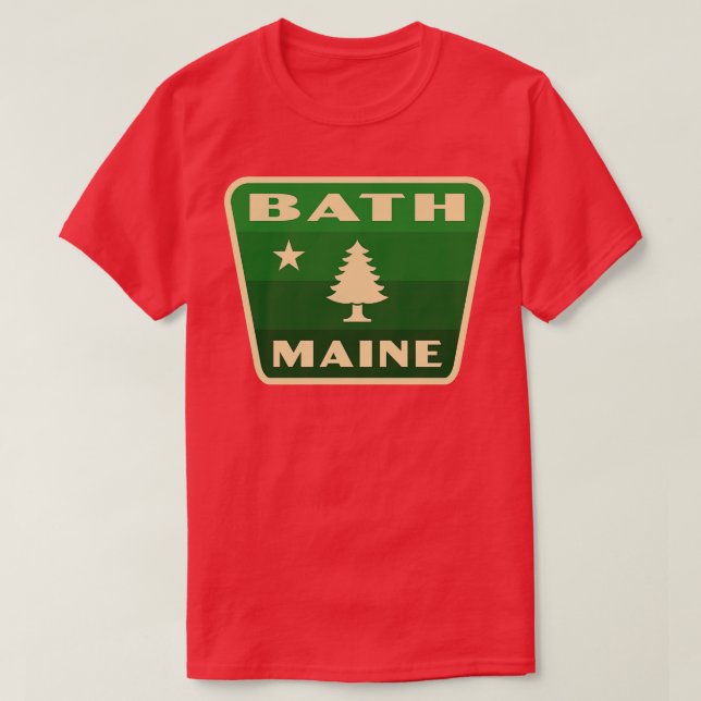 Bath Maine Retro Pine Tree Badge Green T-Shirt (Design Front)