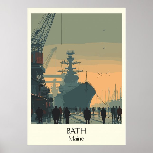 Bath Maine Vintage Shipyard City Travel Art Poster (Front)